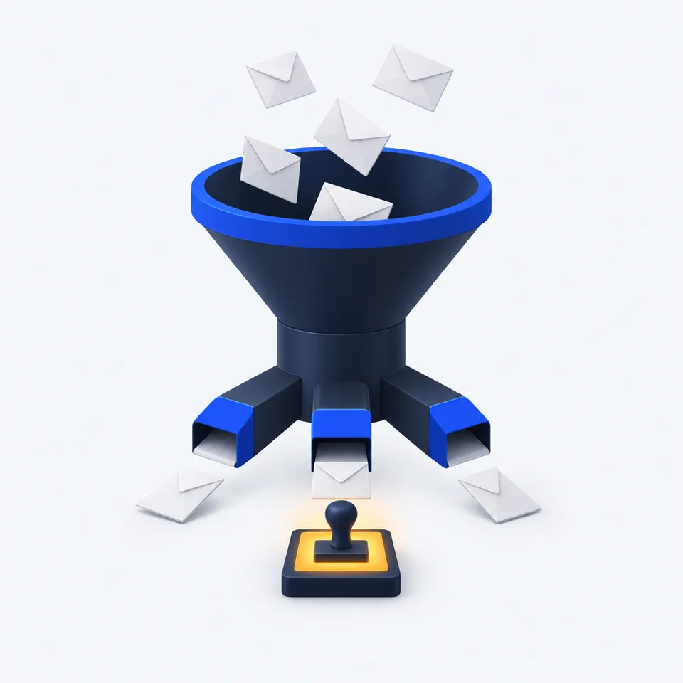 Illustration of enquiry triage: envelopes pour into a funnel and leave through three tagged chutes, with an amber-lit stamp where a person approves each reply.