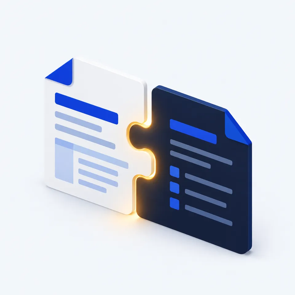 Illustration of invoice matching: an invoice and an order slip fit together like two puzzle pieces, with an amber glow along the seam where a person checks the match.